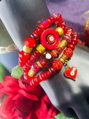 Evil Eye Charm, Frosted & Electroplated Glass, Howlite & Pewter Bracelet Set